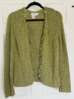 Coldwater Creek Vintage Open Front Cardigan Moss Green Chunky Knit Fringe M